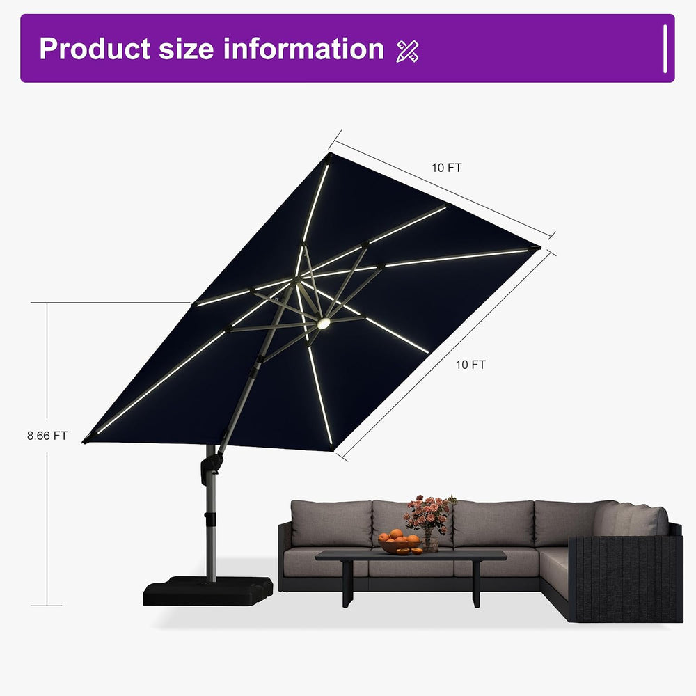 PURPLE LEAF Cantilever Patio Umbrella 10' X 10' Solar LED Light, Navy...
