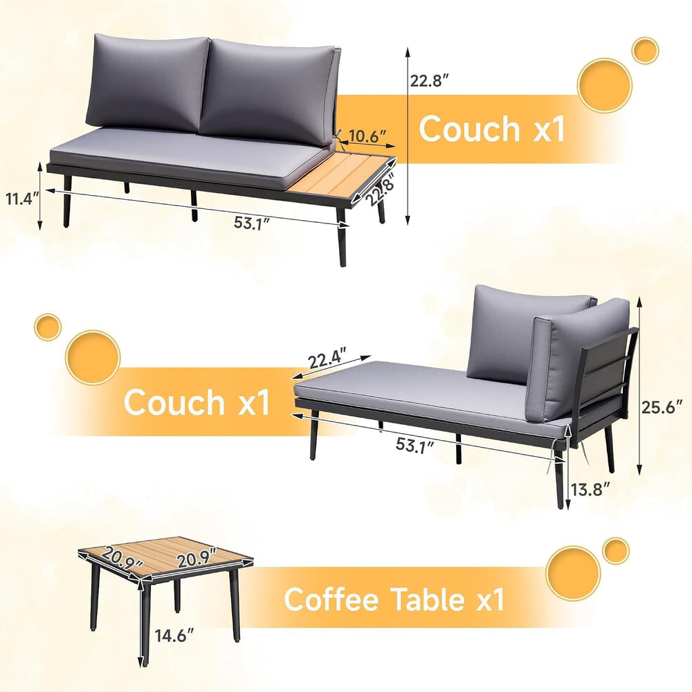 Devoko L-Shaped Small Sectional Outdoor Coach wtih Acacia Wood,Gray