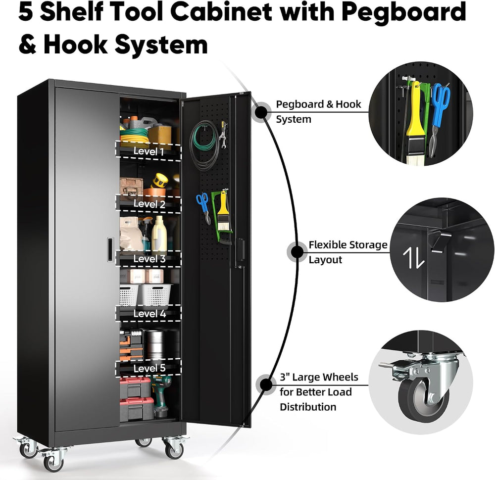 Aobabo 71" Metal Storage Cabinet with Wheels, 5 Shelves & Pegboards,...