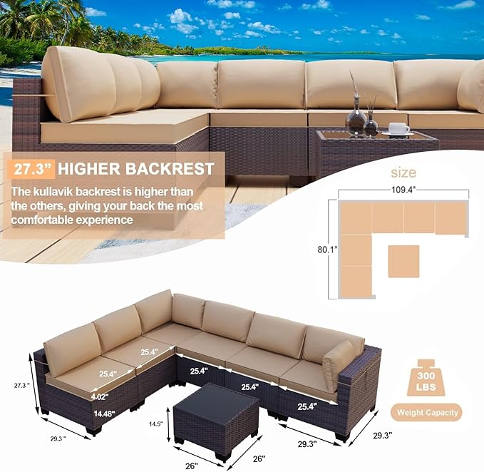 Kullavik 7 Pieces Outdoor Patio Furniture Set PE Wicker Rattan Sectional Sofa...