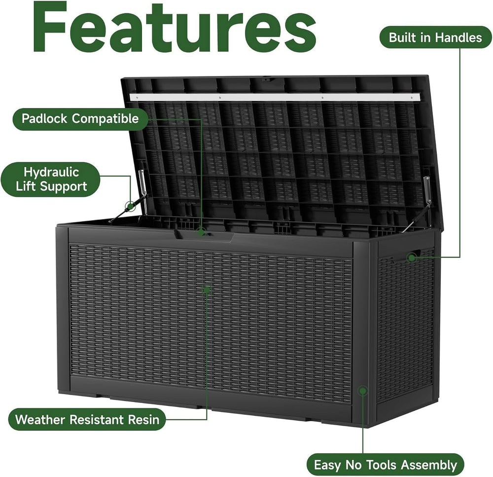 170 Gallon Resin Deck Box, Lockable Outdoor Storage Box, Black