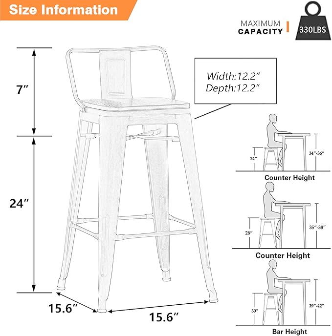 Yongchuang 24" Metal Barstools Set of 4 Counter Bar Stools with Wood Top...