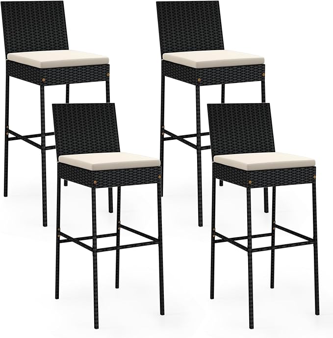 HAPPYGRILL Wicker Patio Barstools Set of 4, Outdoor Rattan Bar Chairs with Fo...