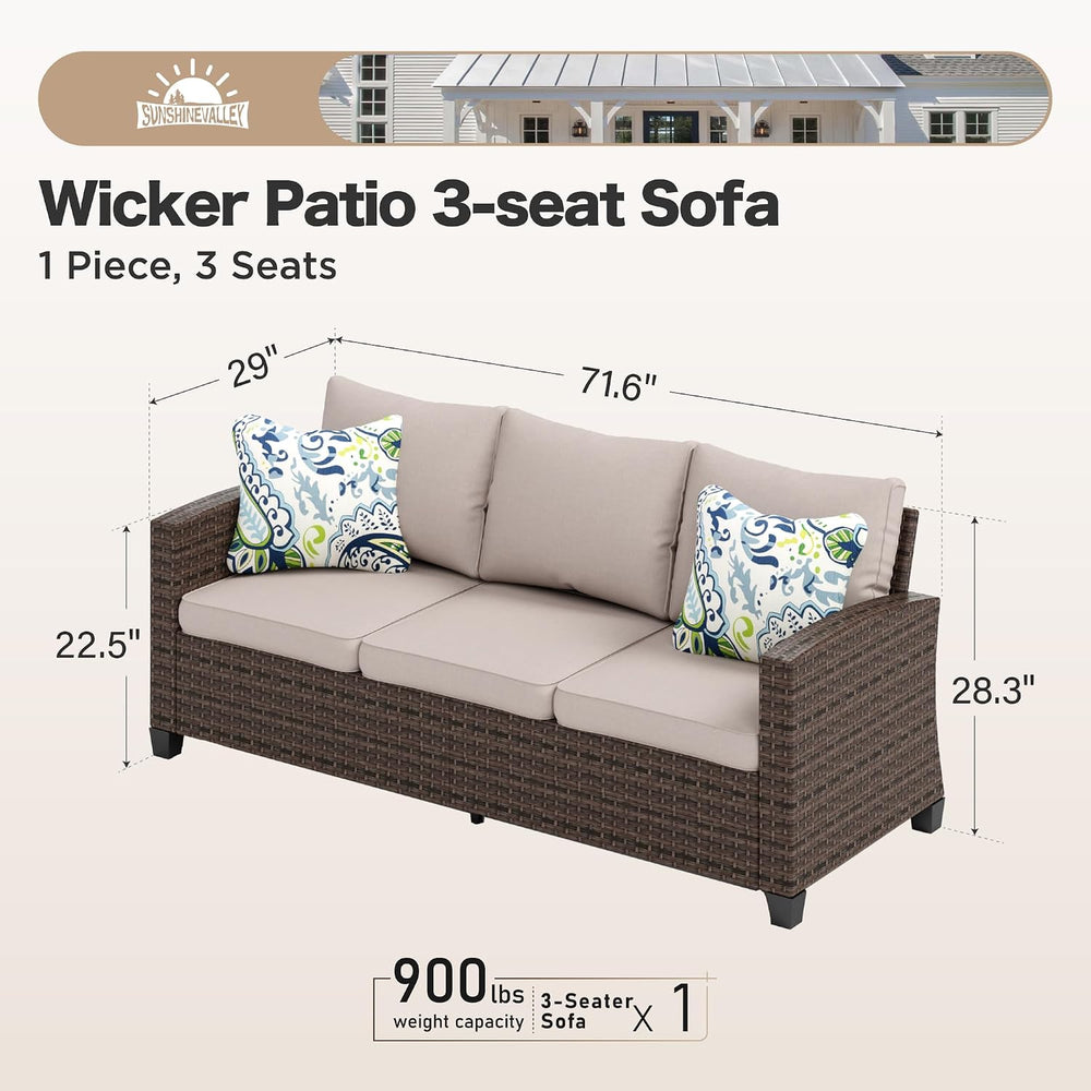 3-Seat Wicker Patio Sofa, 4" Thick Cushions, Brown/Beige