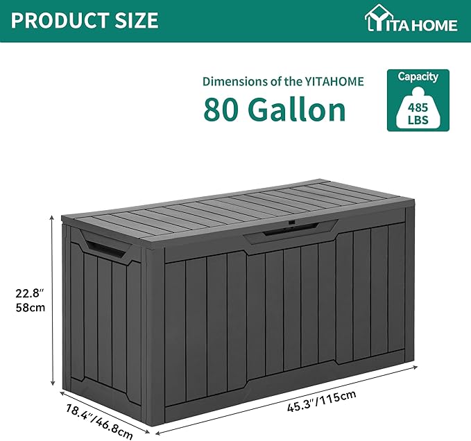 YITAHOME 80 Gallon Outdoor Storage Box, Large Waterproof Resin Deck Box, Indo...