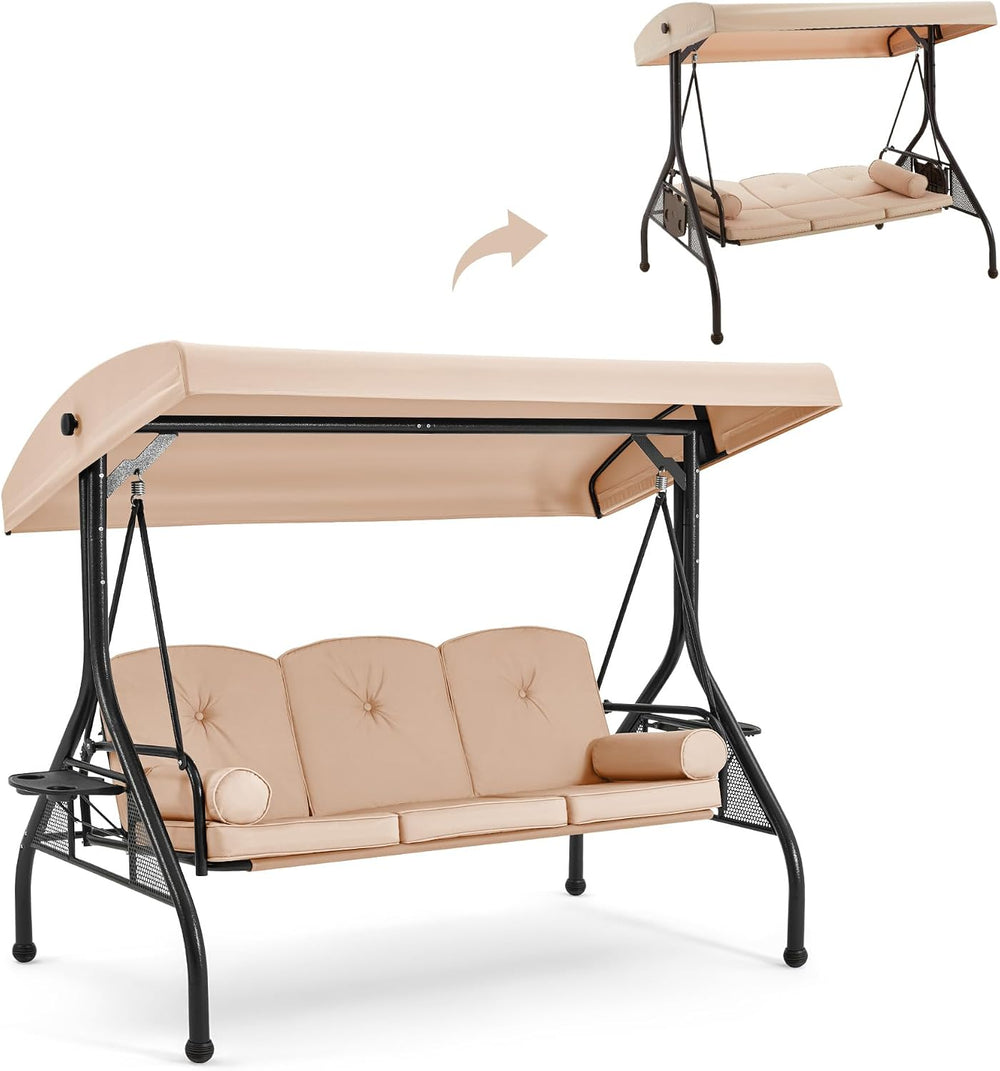 3-Seat Porch Swing with Adjustable Canopy, Patio Swing with Stand