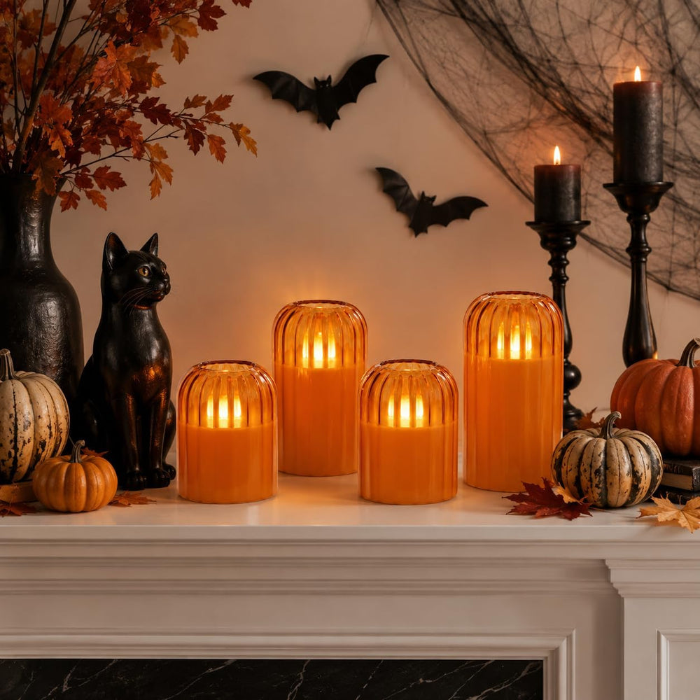 Fall Decorations for Home, Orange Glass Flameless Candles with Remote & T...