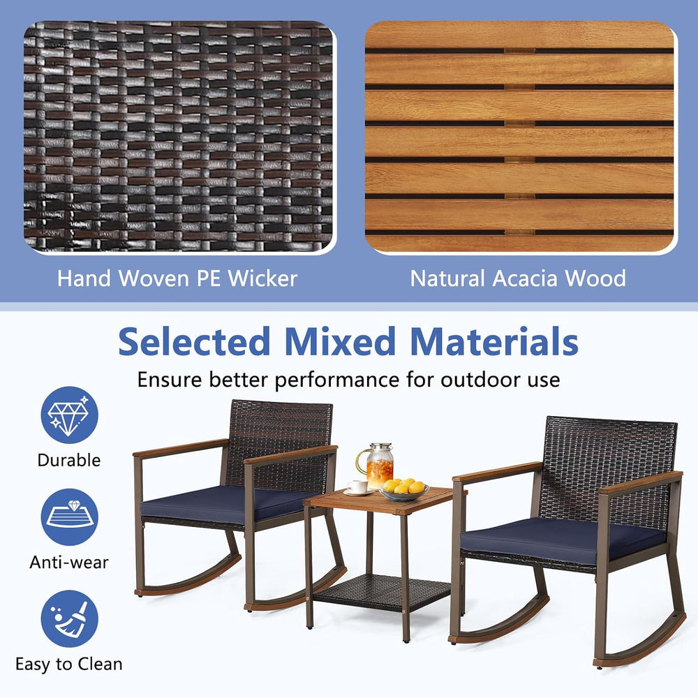 COSTWAY 3 Pieces Patio Rocking Bistro Set, Outdoor Wicker Acacia Wood Sets