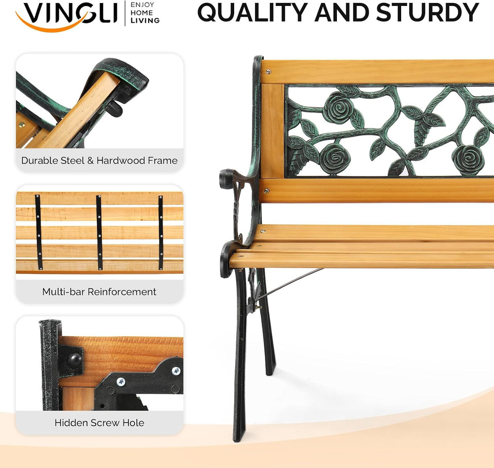VINGLI Outdoor Bench, Weather Resistant Cast Iron Frame＆Teak Wood Seat w/PVC ...