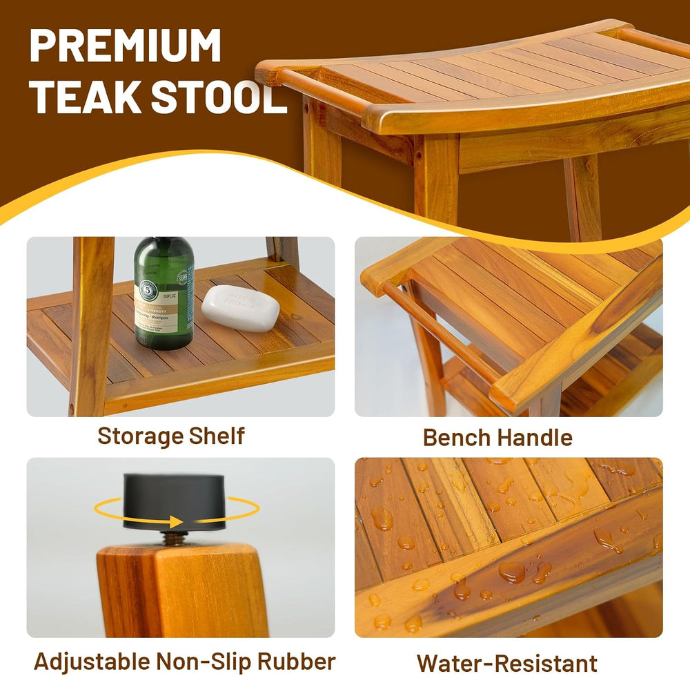 20" Premium Teak Shower Bench with Shelf & Handle, Solid Teak Shower...