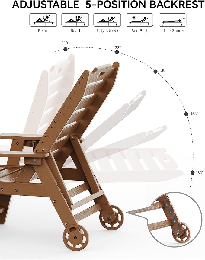 Carauci Lounge Chair Outdoor Set of 4, HDPE Chaise Lounge with Wheels, 5-Posi...