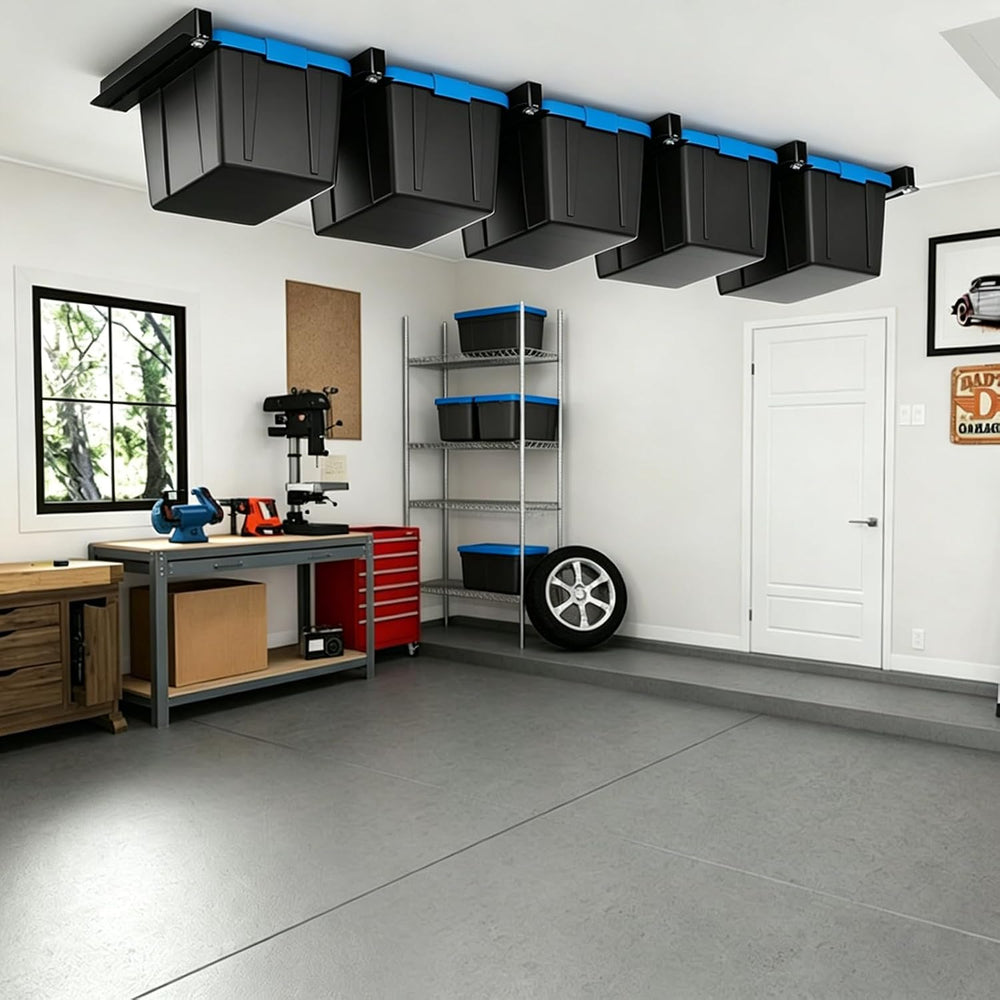 Garage Ceiling Storage Racks, Ceiling Mount Bin Holder, 4 Sets for 3 Bins