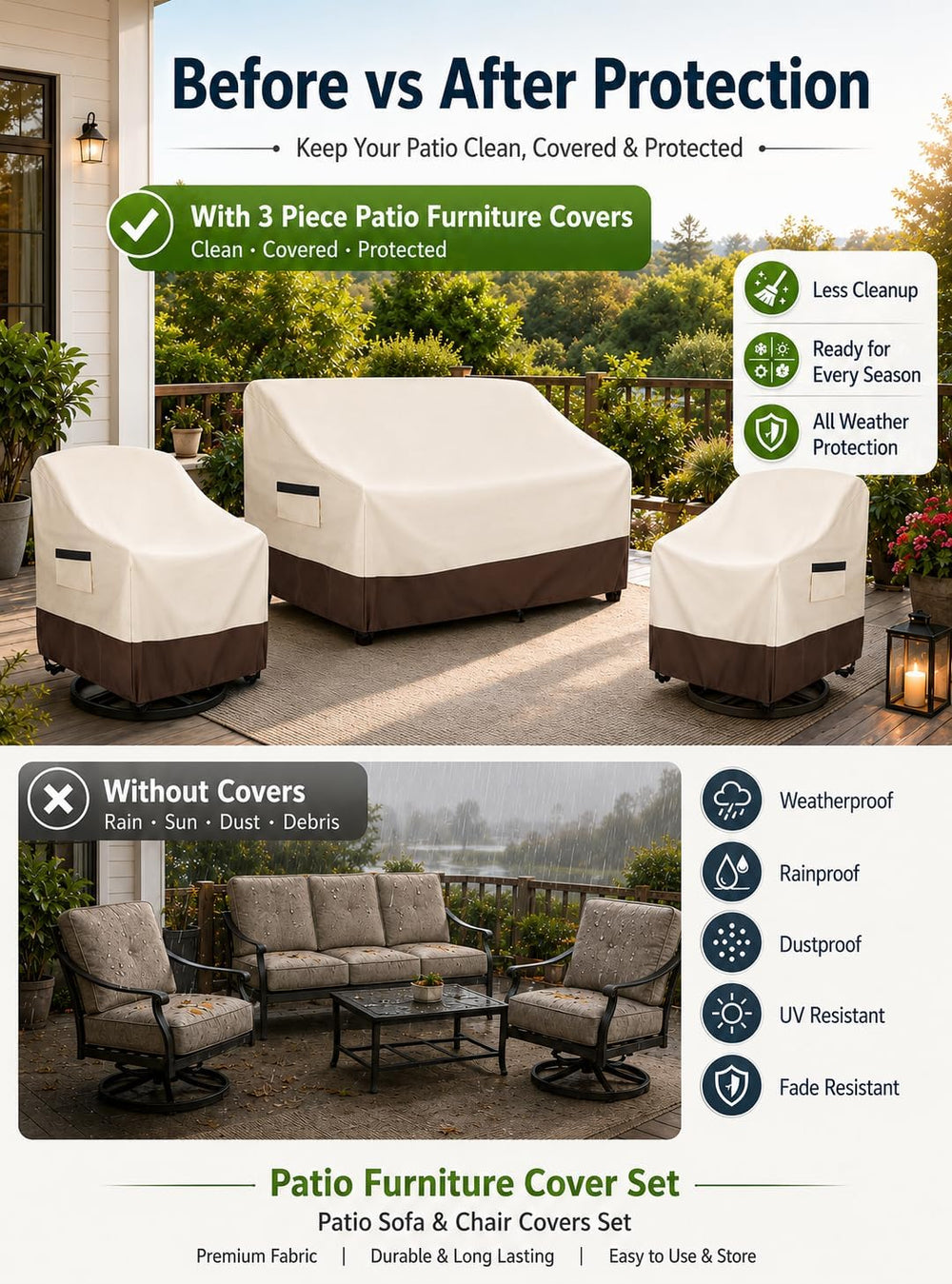 Patio Furniture Covers 3 Piece Set 2 Swivel Chair Covers + Loveseat Cover