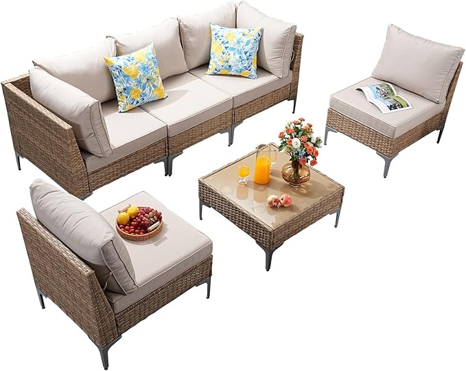 Jing's Villa 7-Piece Outdoor Patio Furniture Set,Ratten Conversation Sect...
