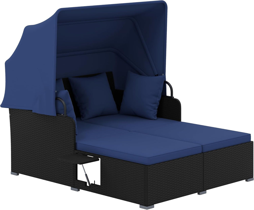 Tangkula Patio Rattan Daybed with Retractable Canopy, Outdoor Wicker Sunbed L...