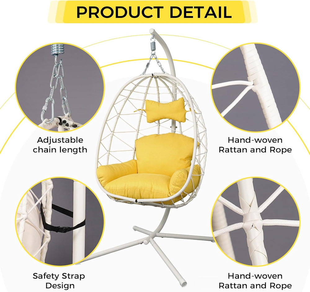 Egg Chair with Stand, Wicker Hanging Chair for Outdoor Patio, Cushioned Hammo...