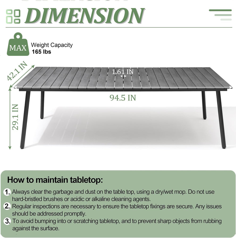 95" Patio Outdoor Dining Table for 8-10, Weather-Resistant Aluminum Fram...