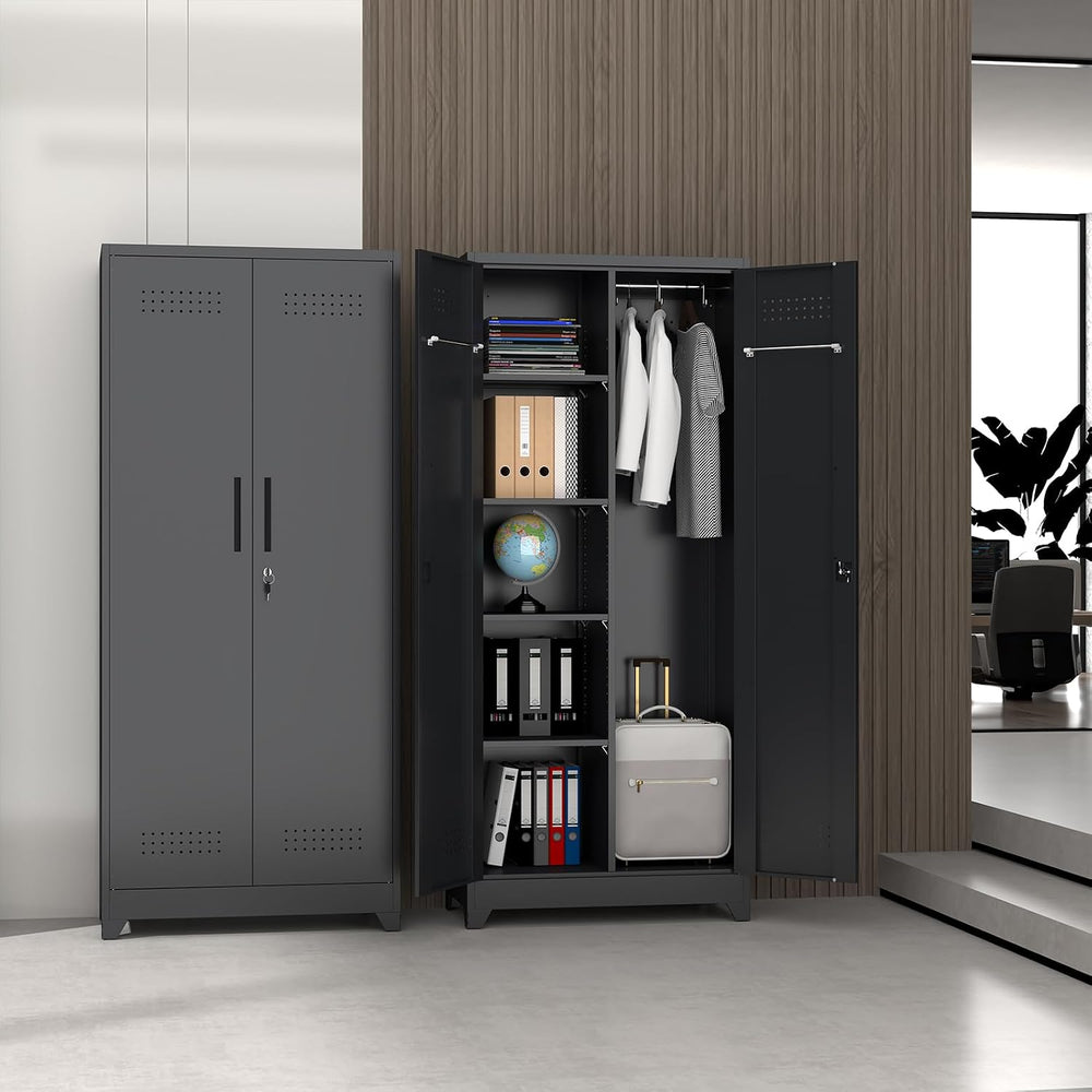 72" Tall Broom Closet Storage Cabinet, Metal Garage Storage Cabinet, Black