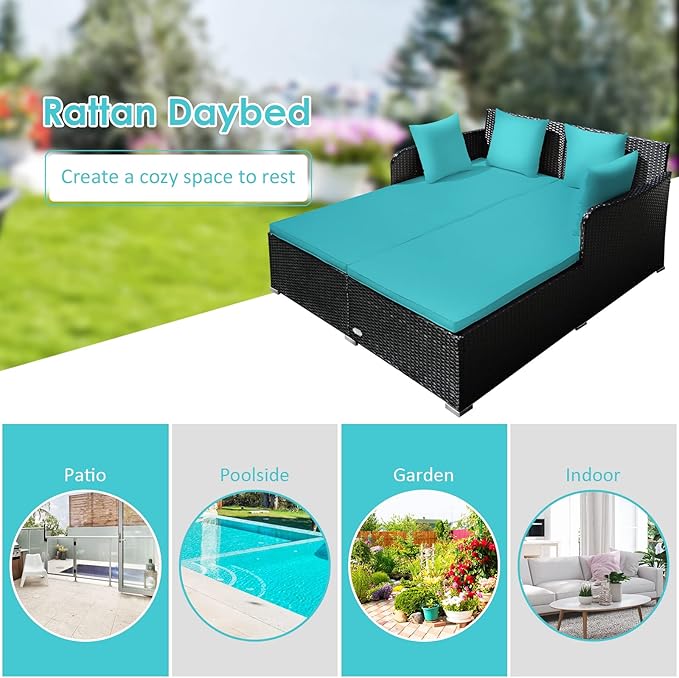 COSTWAY Outdoor Patio Rattan Daybed, Sponge Cushioned Loveseat Sofa with 4 Pi...