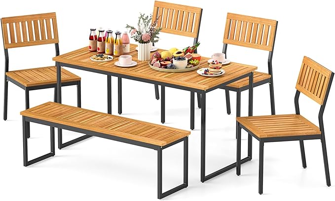 Tangkula 6 Pieces Outdoor Acacia Wood Dining Set, Patio Table and Chairs Set ...