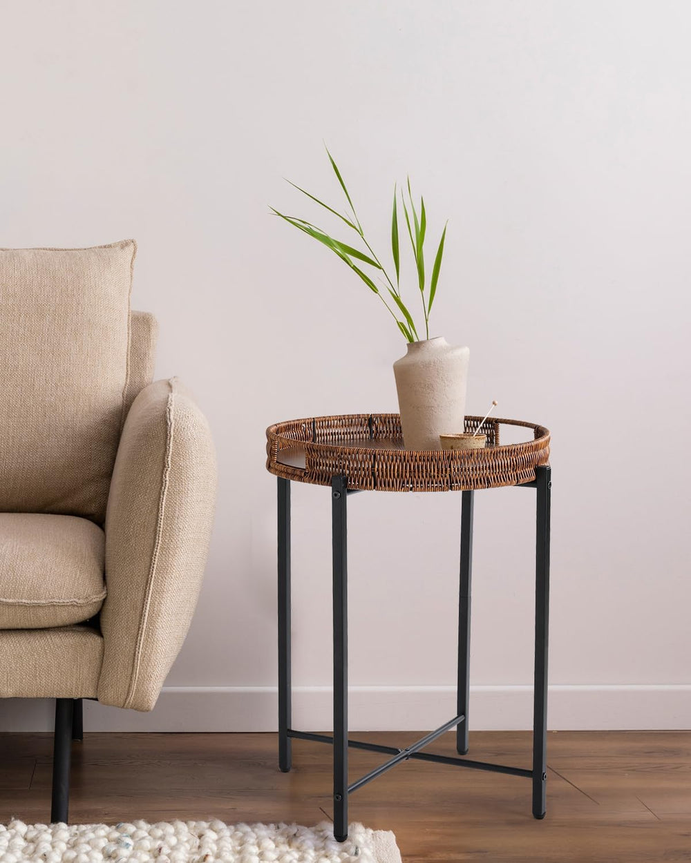 16.5in Round Rattan Side Table with Wooden Top, Small Wicker End Table