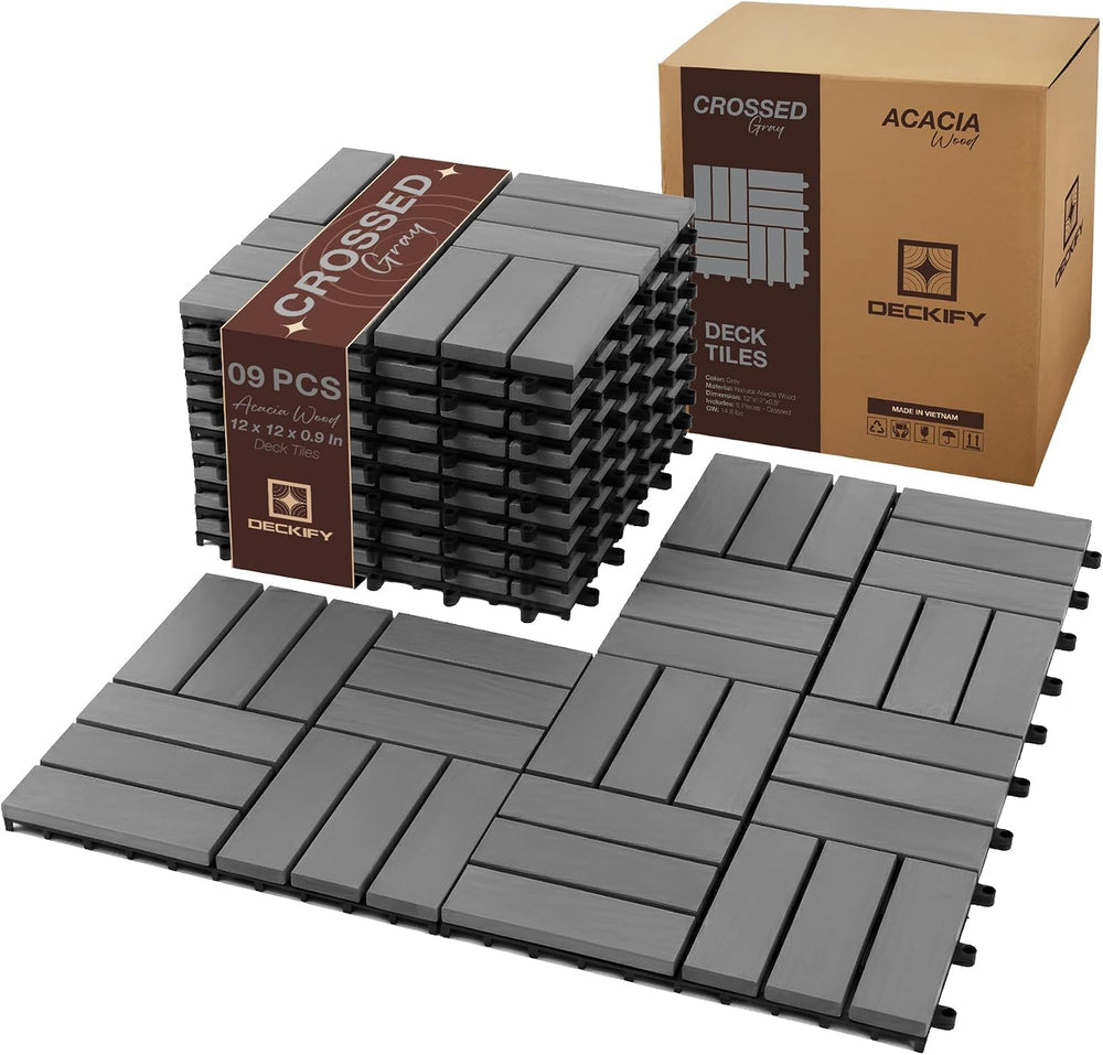 Acacia Interlocking Deck Tiles Outdoor Waterproof All Weather Gray Crossed
