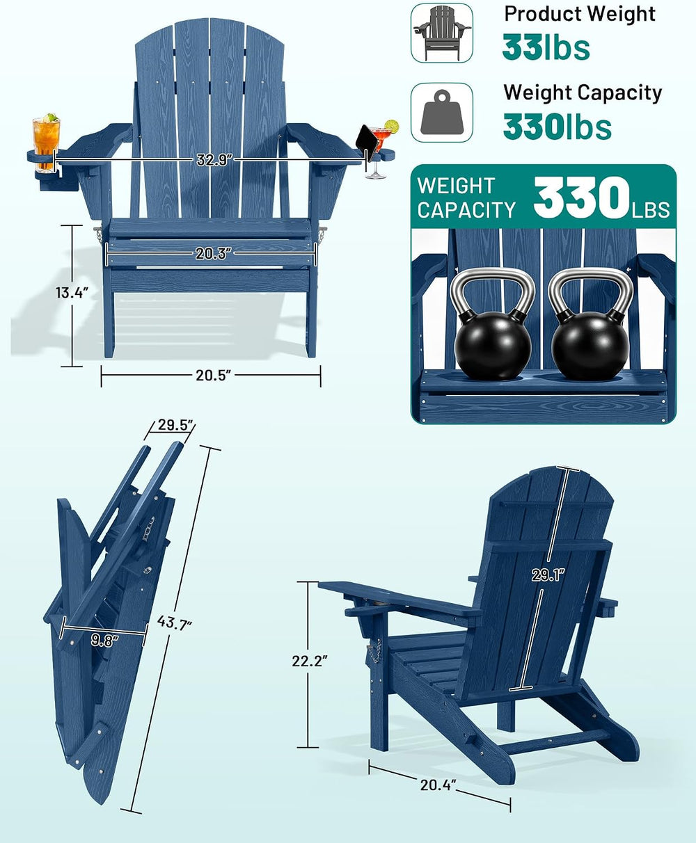PLUUV Adjustable Folding Adirondack Chairs Set of 2 with Cup Holders, Navy