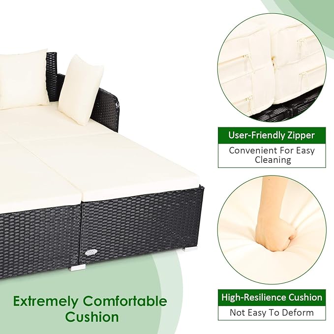 COSTWAY Outdoor Patio Rattan Daybed, Sponge Cushioned Loveseat Sofa with 4 Pi...