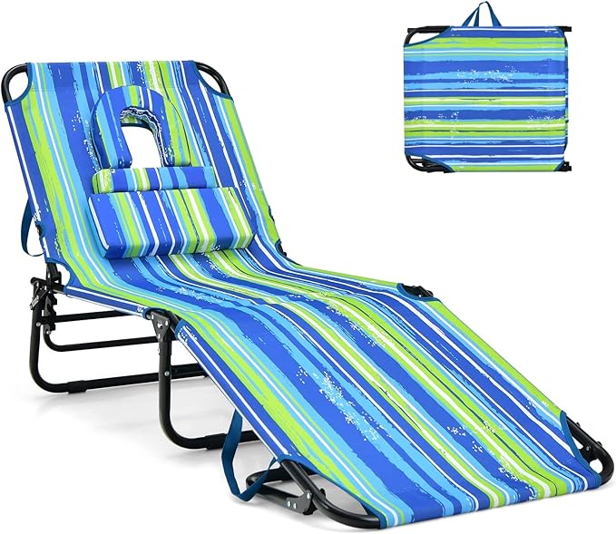 GYMAX Tanning Chair, 350lbs Beach Lounge Chair with Face Hole, Washable Pillo...