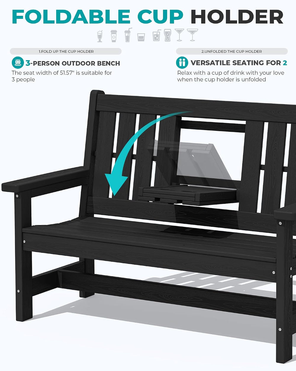 SERWALL HDPE Outdoor Bench with Cup Holder Oversized 58" Porch Bench, Black