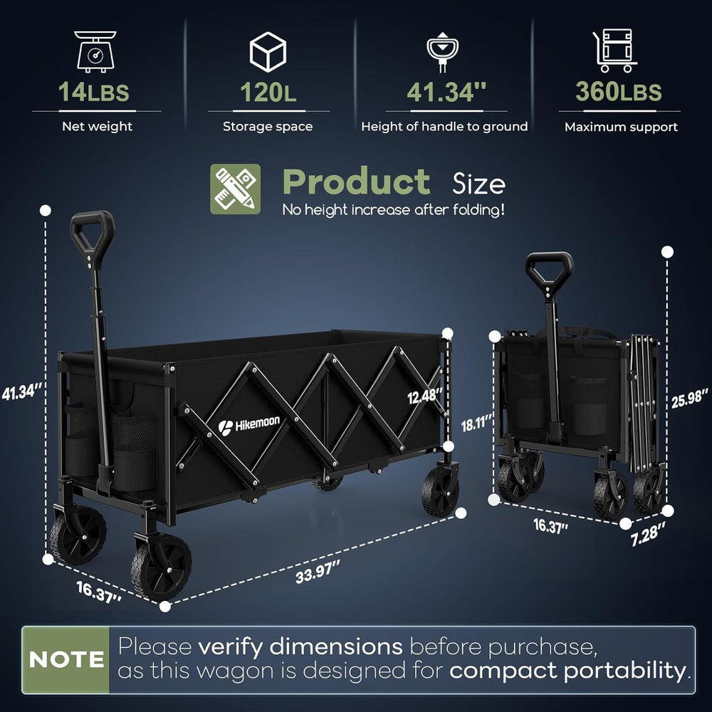 HIKEMOON 34'' Extra Long Folding Portable Wagon Cart, 120L 360LBS Black