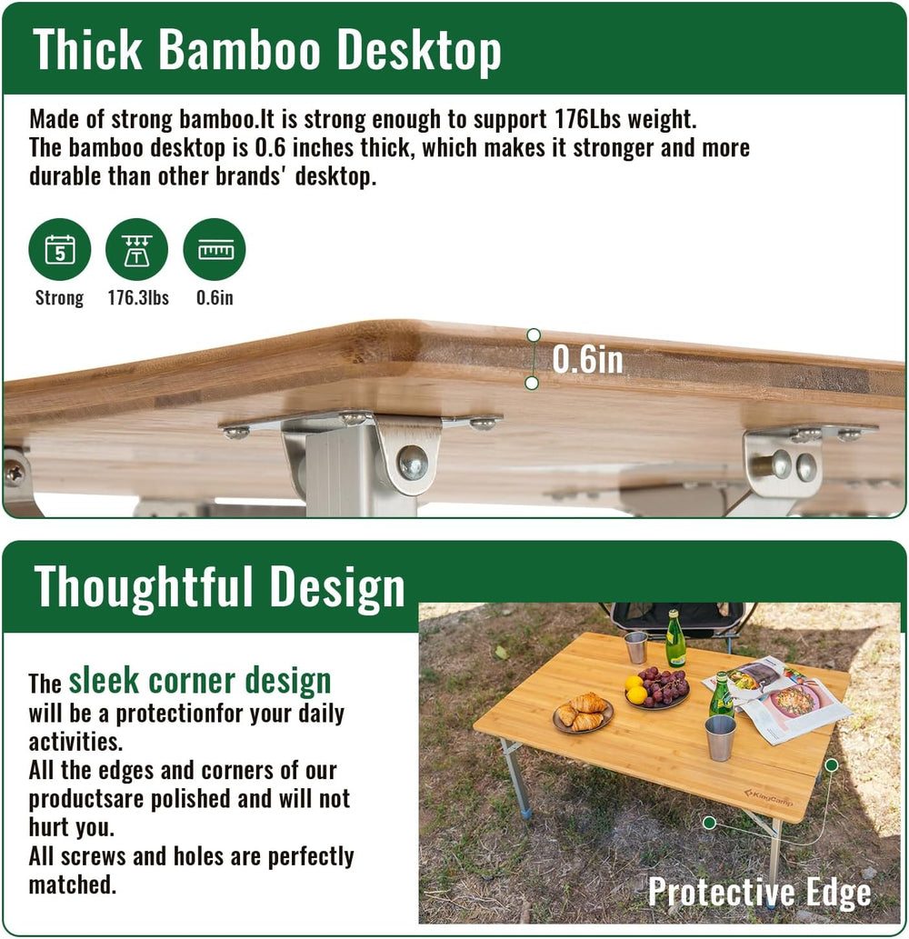 KingCamp Folding Camping Table Bamboo 4-Fold Adjustable Portable Table