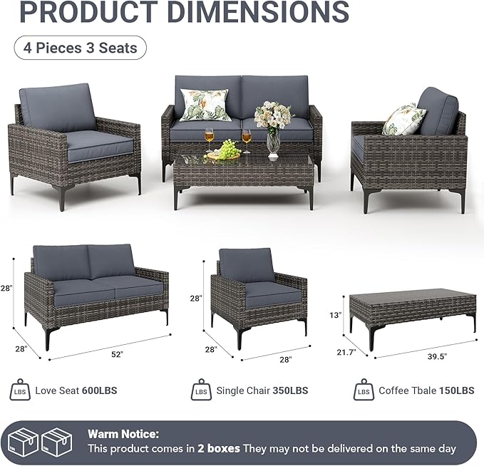 Jing's Villa 4-Piece Outdoor Sectional Sofa Set, All-Weather Wicker Patio...