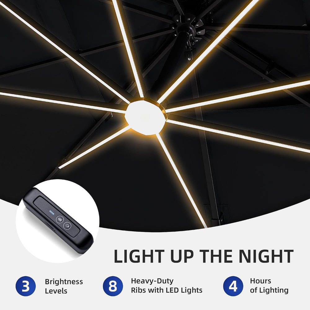 10 X 13 FT Cantilever Patio Umbrella with Base and Led Lights