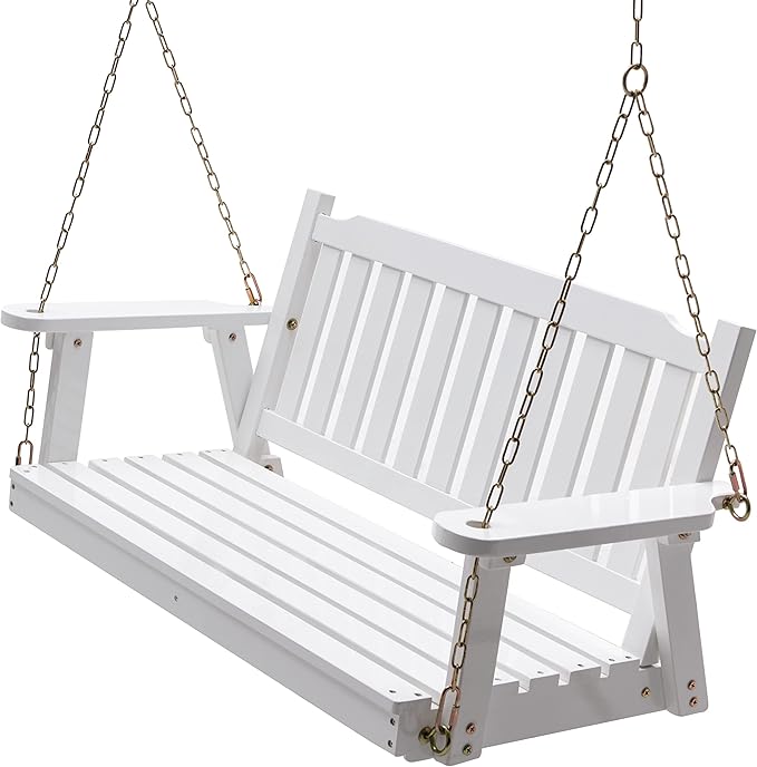 Anraja Wooden Porch Swing 2-Seater, Bench Swing with Hanging Chains, Heavy Duty 800 LBS, for Outdoor Patio Garden Yard, 4 Ft, White