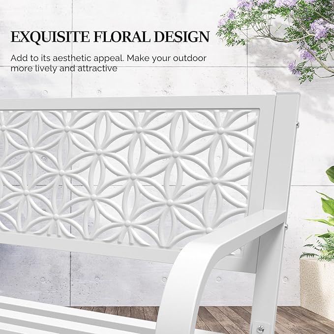 VINGLI 50" Outdoor Bench Metal with Floral Back, Garden Bench Front Porc...
