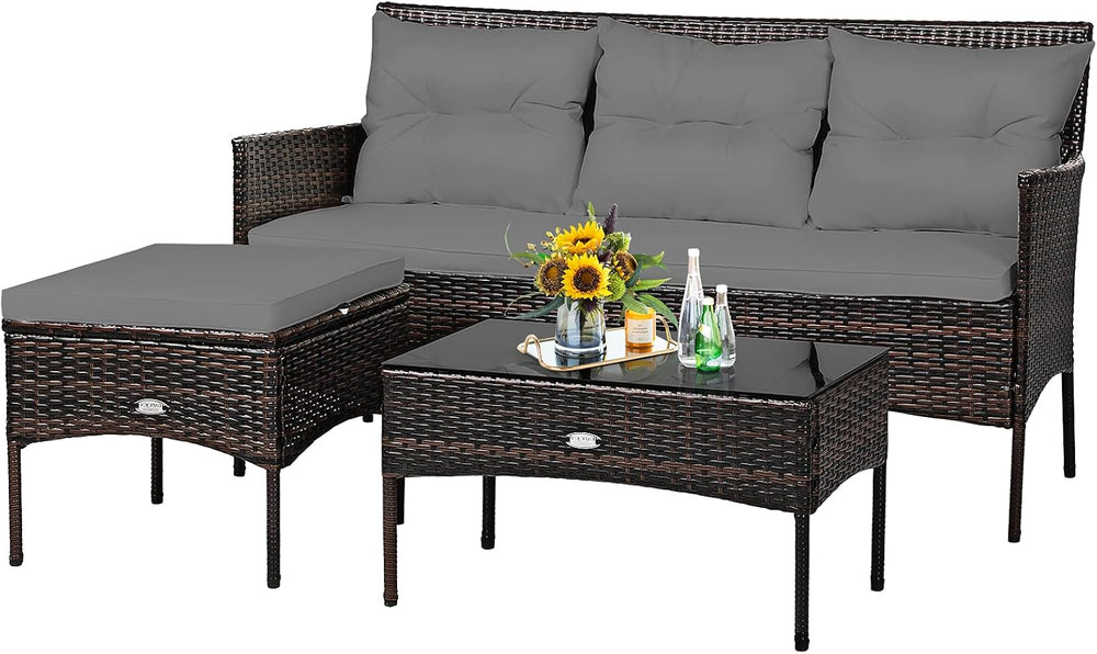 Tangkula 3 Pieces Patio Conversation Set, All Weather Outdoor PE Rattan Wicke...
