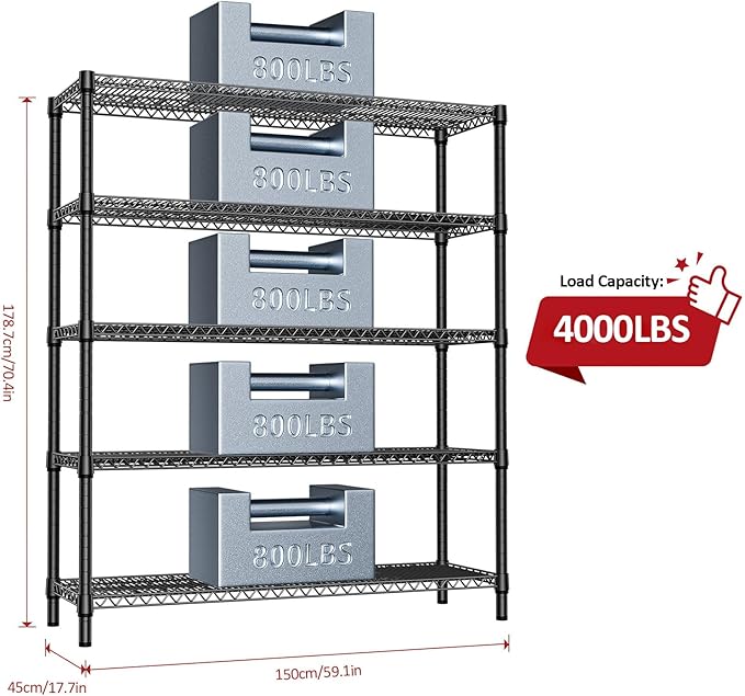 IZEUK 5-Tier Adjustable Heavy Duty Metal Storage Shelving Unit, Wide Utility ...