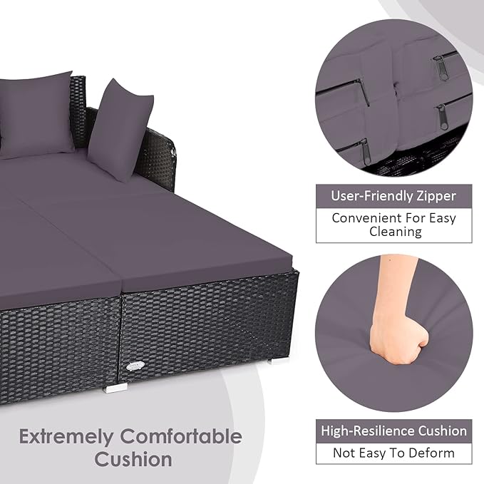 COSTWAY Outdoor Patio Rattan Daybed, Sponge Cushioned Loveseat Sofa with 4 Pi...