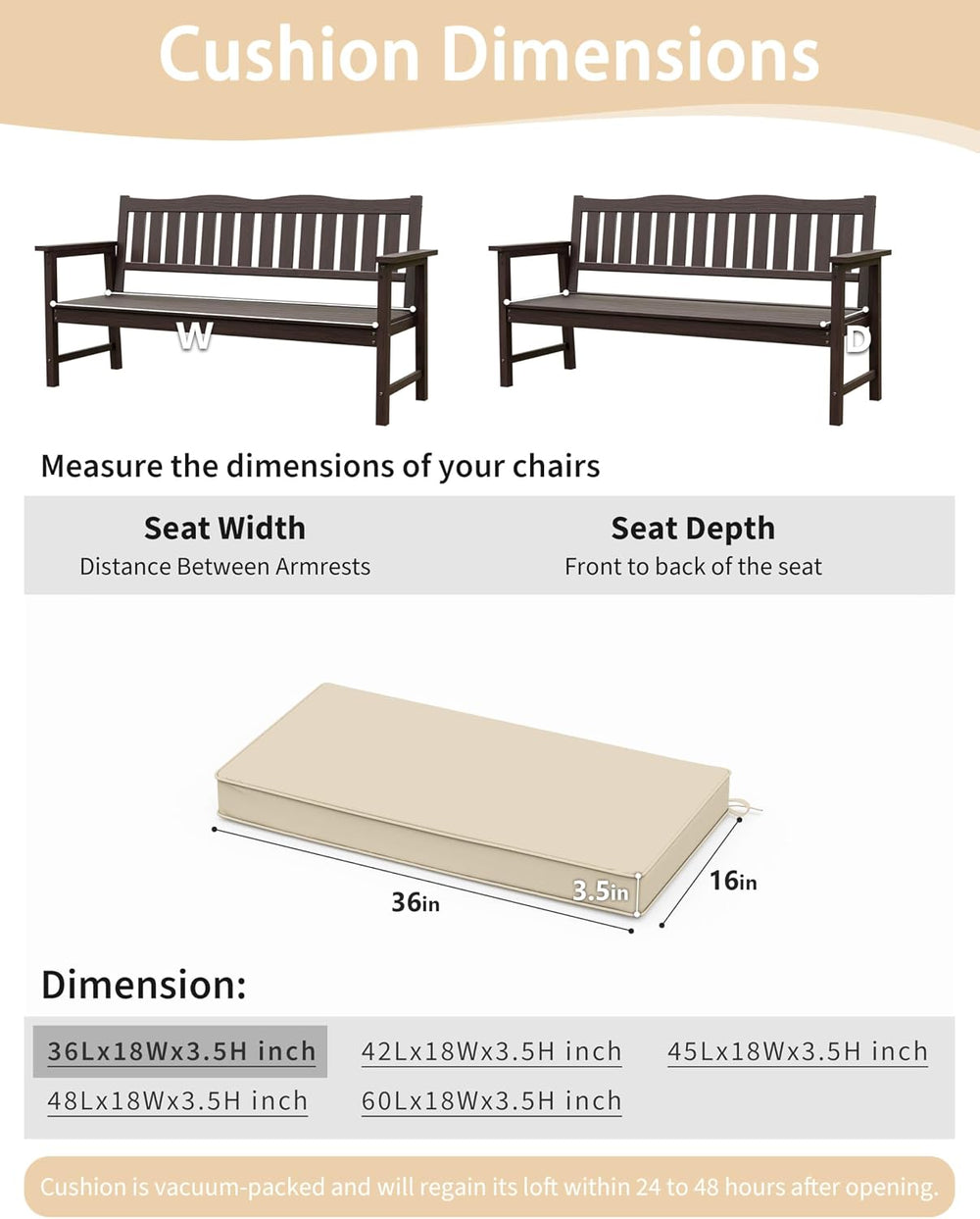 Outdoor Bench Cushions for Patio Furniture 36 X 18 Inch Water-Resistant &...