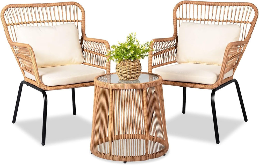 3 Piece Outdoor Wicker Furniture Bistro Set, Rattan Chairs Conversation Sets ...