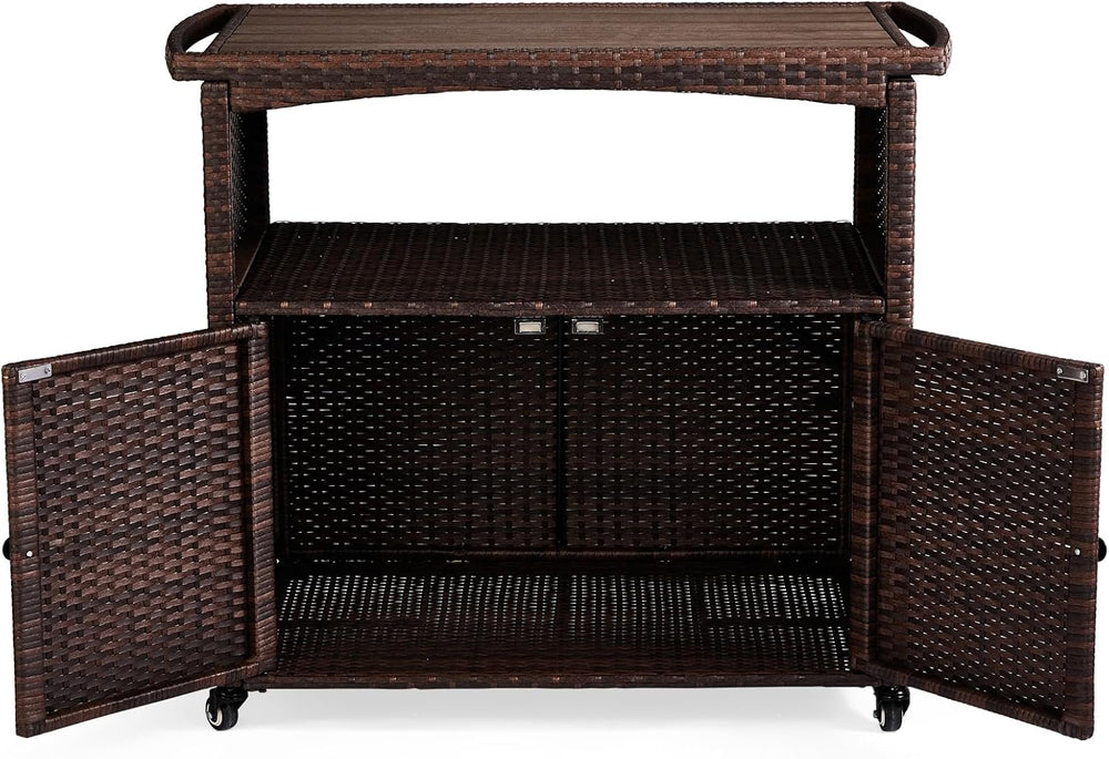 VINGLI Wicker Outdoor Bar Cart with Storage & Rolling Wheels, Patio Bar T...
