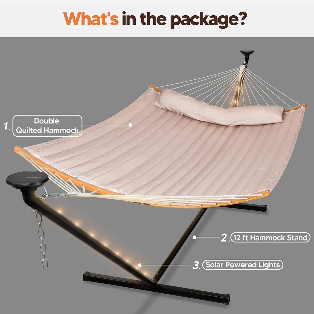 Hammocks Outdoor 2 Person Hammock with Solar Powered Lights, Tan