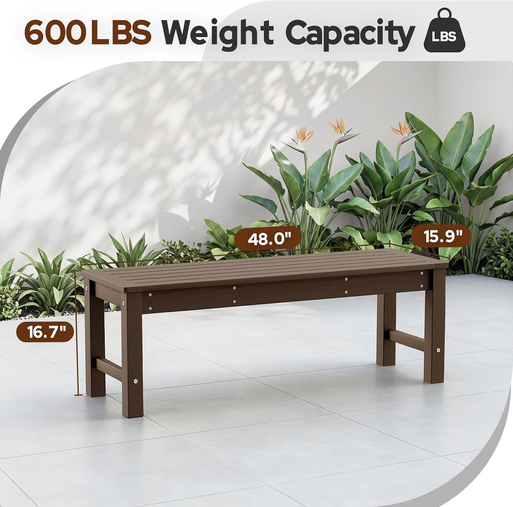 Psilvam 48“ HDPE Outdoor Bench, 2-Person Backless Garden Bench, Brown