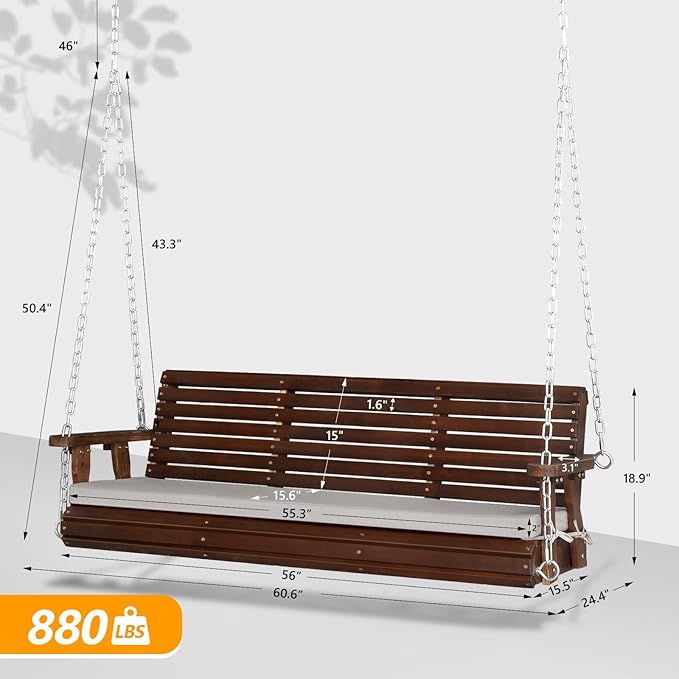 VINGLI Heavy Duty 880 LBS Patio Wooden Porch Swing Outdoor with Extra Cushion...