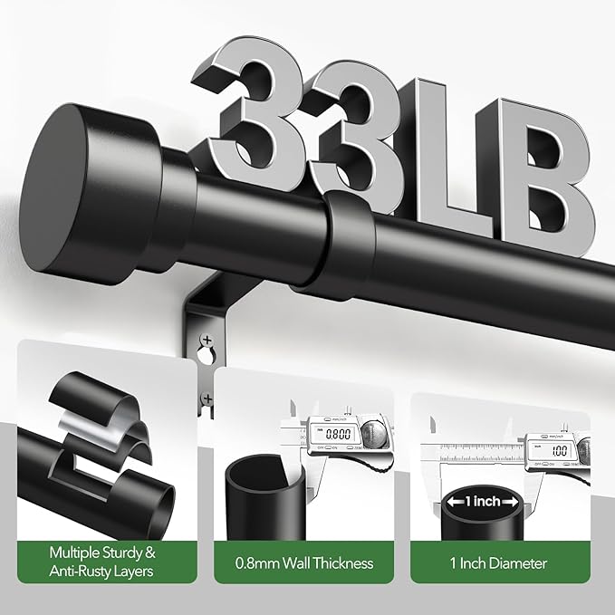 2 Pack Black Curtain Rods for Windows 48 to 84, 1 Inch Adjustable Heavy Duty ...