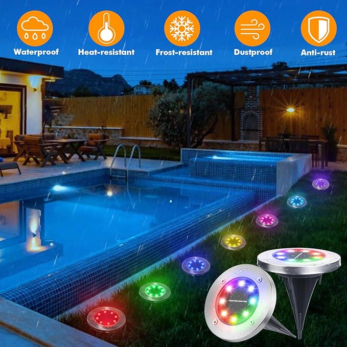 LYHOPE Solar Ground Light Outdoor, 16 Pack 8 LED Color Changing Solar Disk Li...