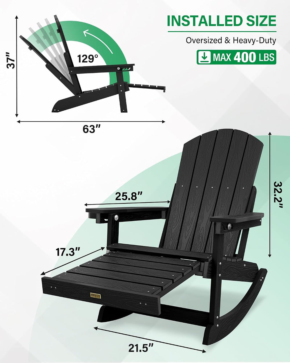 YEFU Adirondack Rocking Chairs Set of 2, with Footrest, All-Weather, Black | ...