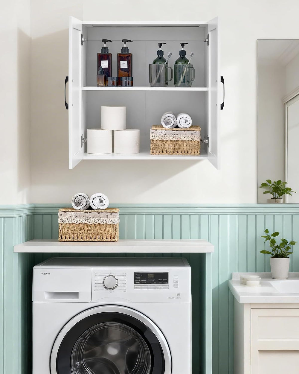 Wall Mounted Cabinet, Laundry Cabinet, 2 Doors, Adjustable Shelves, White
