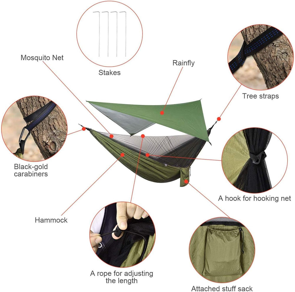 Camping Hammock with Rain Fly Tarp and Mosquito Net Tent Tree Straps, Portabl...